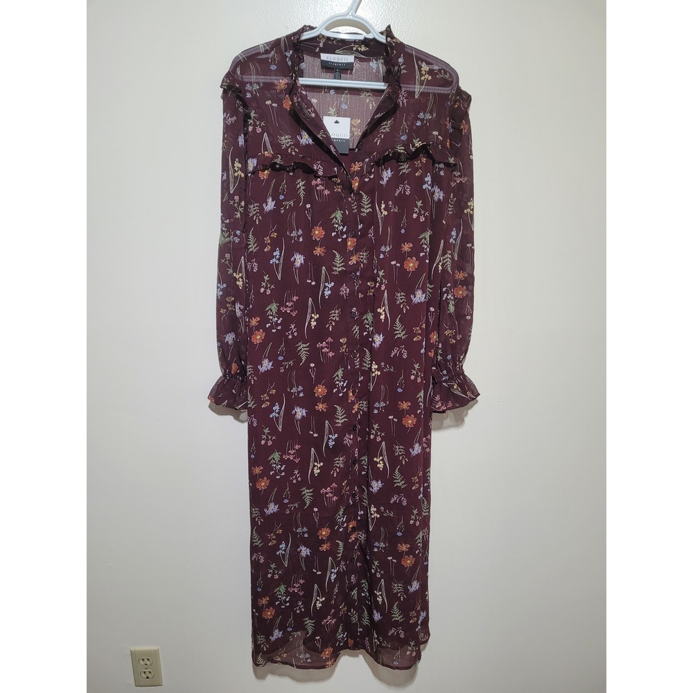 NWT Eloquii Elements Floral Midi Dress Womens 16 Burgundy‎ Ruffle Button Front